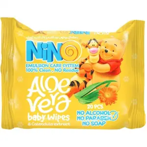 دستمال مرطوب کودک پاکتي نينو حاوی آلوئه ورا 20 عددی