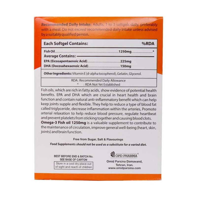 کپسول ژلاتینی امگا 3 بدون جیوه او پی دی فارما 1250 میلی گرم 30 عدد