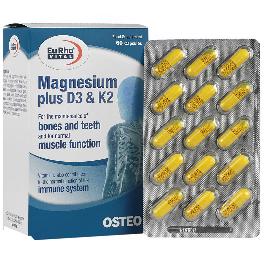 کپسول منیزیم پلاس د3 و کا2 یوروویتال 60 عددی