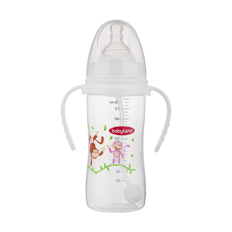 شیرخوری ضد نفخ دهانه عریض فندقی دسته دار آویز 300میل PP مدل 357 بی بی لند